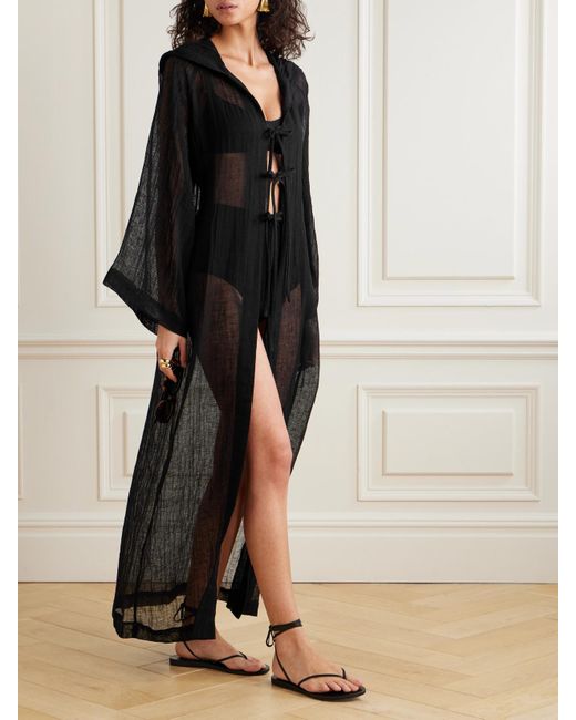 Lisa Marie Fernandez Black Hooded Crinkled Linen-Blend Gauze Kaftan