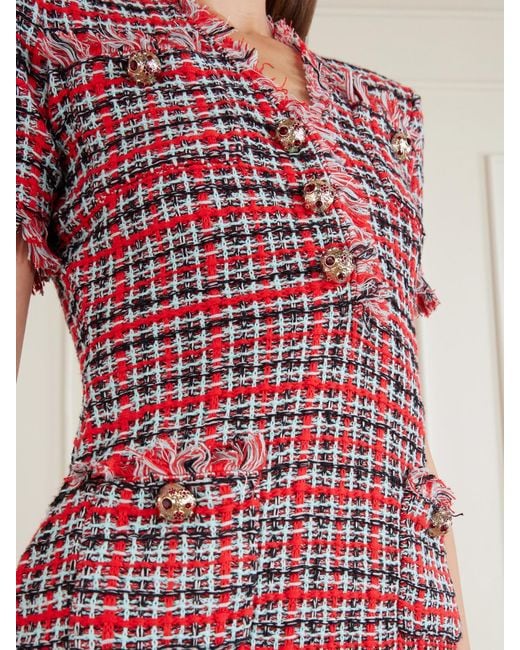 Self-Portrait Red Checked Frayed Cotton-Blend Mini Dress