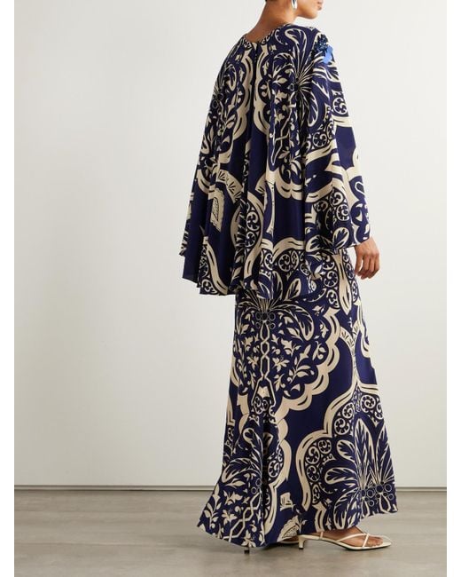 Johanna Ortiz Blue Cape-Effect Embellished Printed Silk-Crepe Maxi Dress