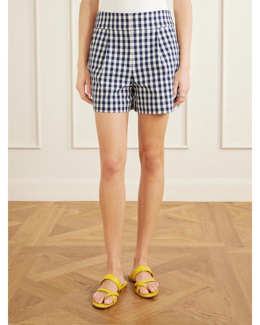 Veronica Beard Blue Haina Pleated Checked Stretch-Cotton Cloqué Shorts