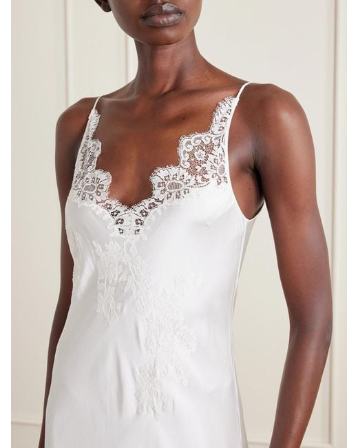 Carine Gilson White Lace-Trimmed Floral-Embroidered Silk-Satin Nightdress
