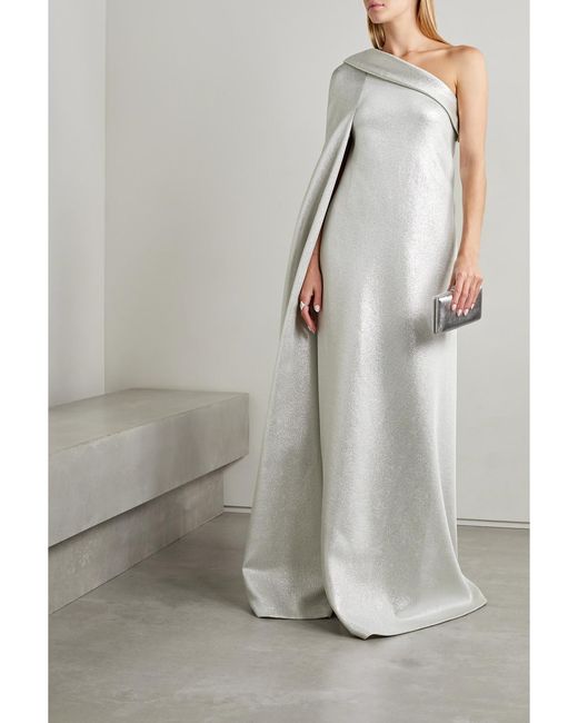 Reem Acra Gray One-Shoulder Cotton-Blend Lamé Gown