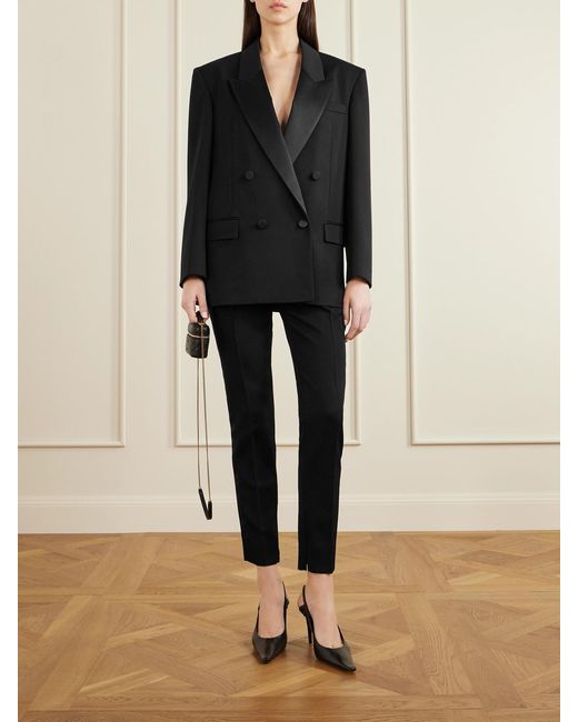 Saint Laurent Black Double-Breasted Satin-Trimmed Grain De Poudre Wool Blazer