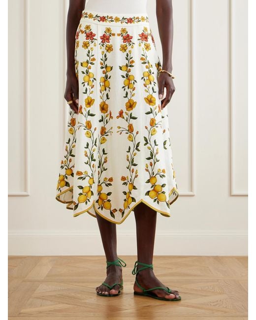Farm Rio Metallic Lemon Bouquet Printed Linen-Blend Midi Skirt