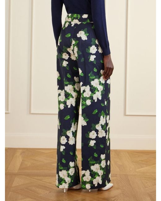 Carolina Herrera Blue Diane Floral-Print High-Rise Cotton-Blend Wide-Leg Pants