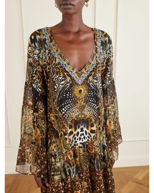Camilla Brown Embellished Animal-Print Silk Crepe De Chine Mini Dress