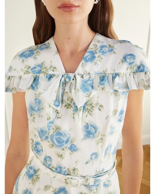 Alessandra Rich Blue Belted Floral-Print Ruffle-Trim Silk-Crepe Midi Dress