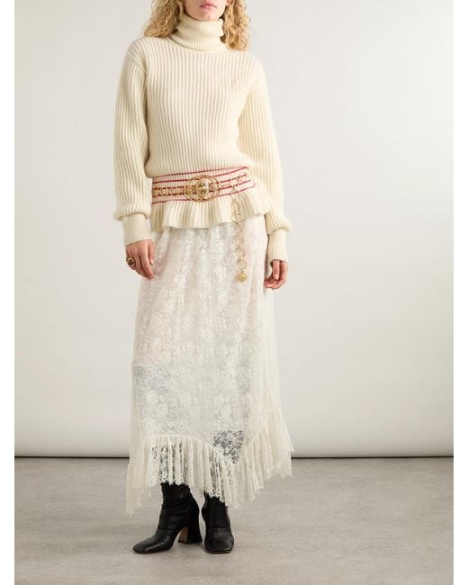 Chloé Natural Turtleneck Striped Ribbed Wool And Mohair-Blend Peplum Sweater