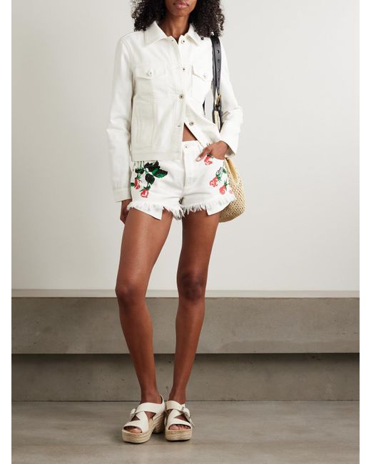 Loewe White Paula's Ibiza Frayed Floral-Print Denim Shorts