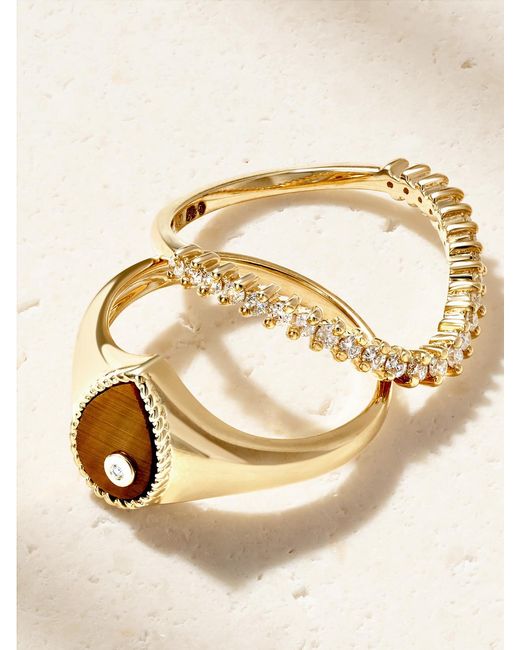 Yvonne Léon Natural Baby Chevaliere Poire 9-Karat, Tiger's Eye And Diamond Ring