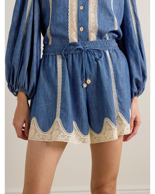 Zimmermann Blue Awaken Lace-Trimmed Denim Shorts