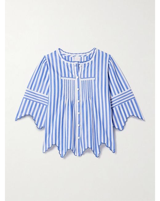 Loretta Caponi Blue Matilde Embroidered Scalloped Striped Cotton Shirt