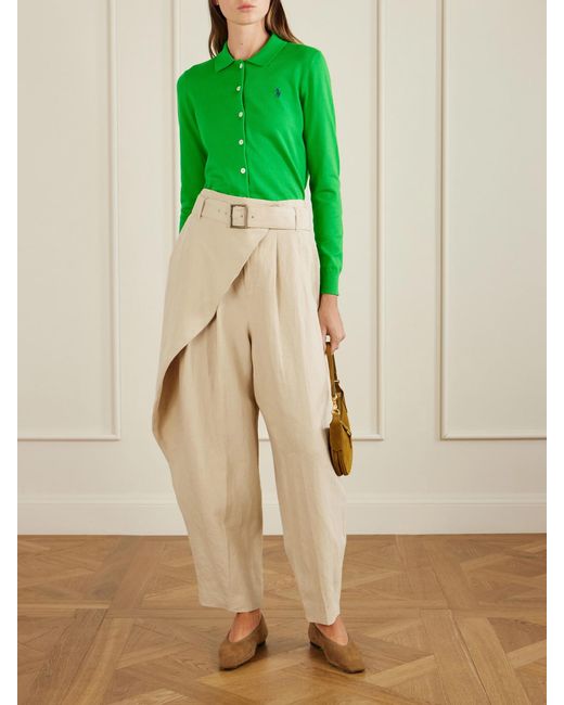 Polo Ralph Lauren Natural Belted Wrap-Effect Pleated Linen Tapered Pants