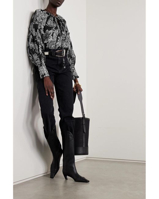 Farm Rio Black Tie-Detailed Bead-Embellished Printed Cotton-Voile Blouse