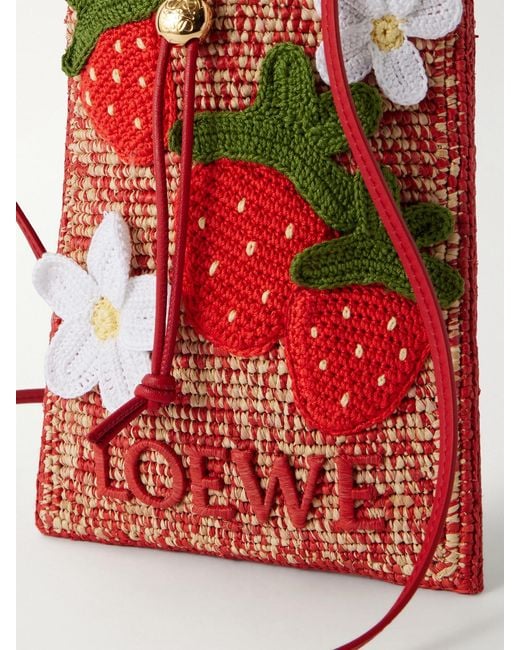 Loewe White Paula's Ibiza Leather-Trimmed Embroidered Woven Raffia Bucket Bag