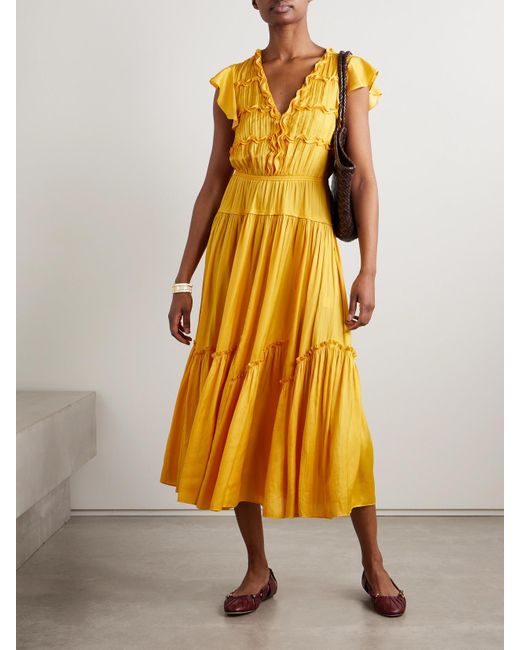 La Ligne Yellow Midikleid Aus Satin Mit Rüschen Und Biesen