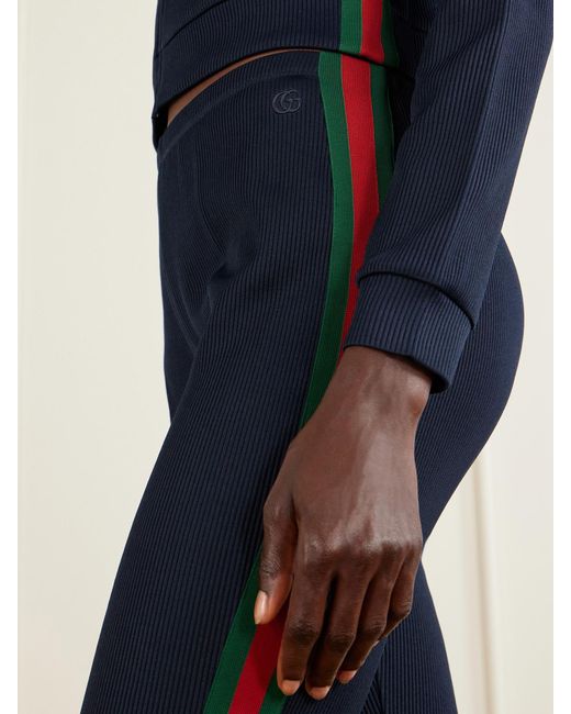 Gucci Blue Web-Trimmed Ribbed Skinny-Leg Capri Pants