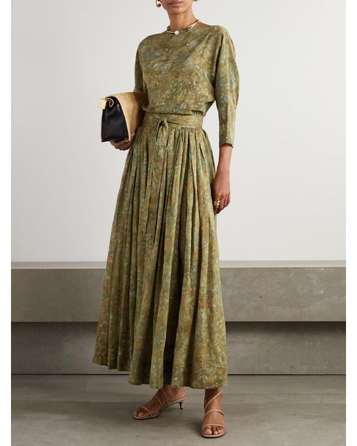 Cortana Green Lil Pleated Printed Ramie Maxi Skirt