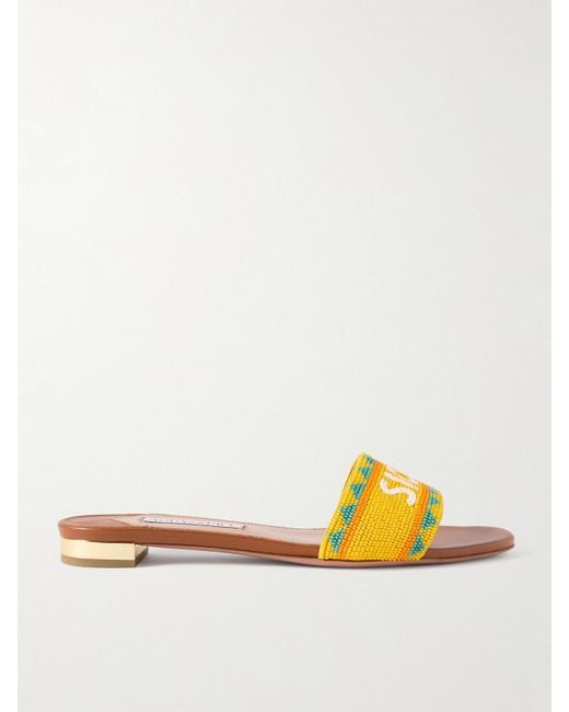 Aquazzura Brown Sicily Beaded Leather Slides