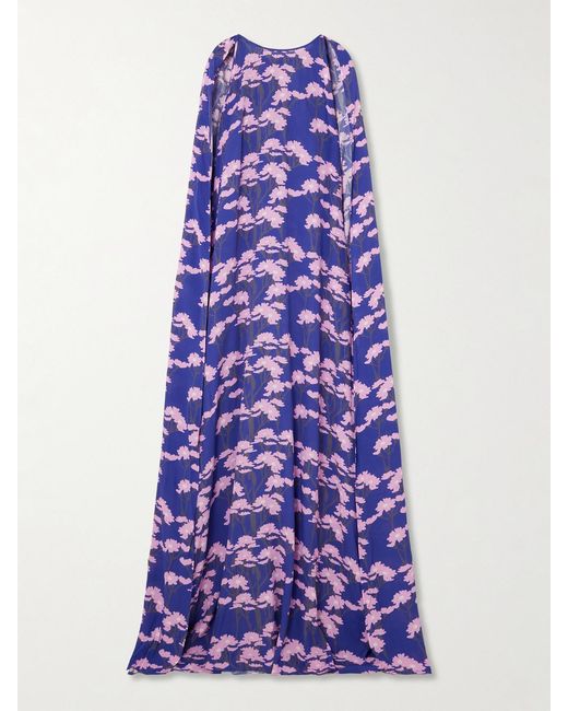 BERNADETTE Purple Minnie Cape-Effect Floral-Print Crepe De Chine Gown
