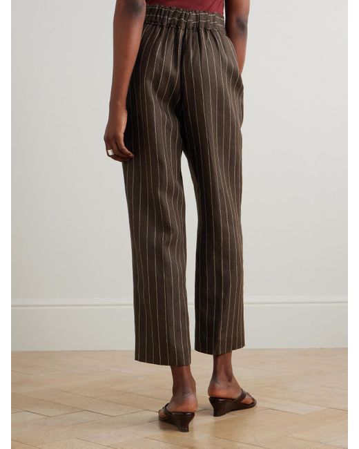 Posse Brown Thea Pleated Pinstriped Linen-Twill Straight-Leg Pants