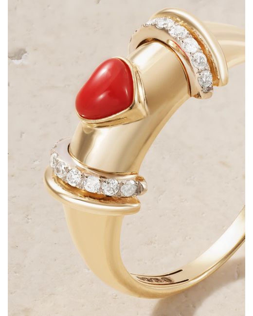 L'Atelier Nawbar Natural Warrior Venus 18-Karat, Rhodium-Plated, Coral And Diamond Ring