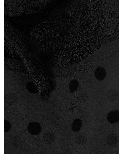 Alessandra Rich Black Top Aus Beflocktem Seiden-Georgette Mit Polka-Dots, Spitzenbesatz Und Schleife
