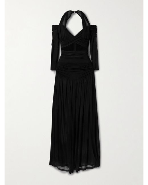 Zimmermann Black Illuminate Cold-Shoulder Cutout Pleated Chiffon Halterneck Maxi Dress