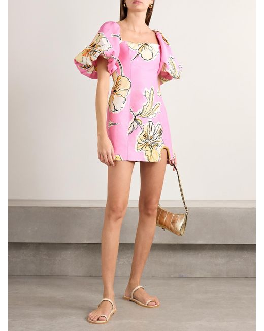 Aje. Pink Flourish Embellished Floral-Print Linen-Blend Mini Dress