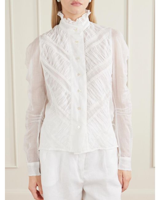 Thierry Colson White Wind Ruffled Ruched Cotton-Voile Blouse