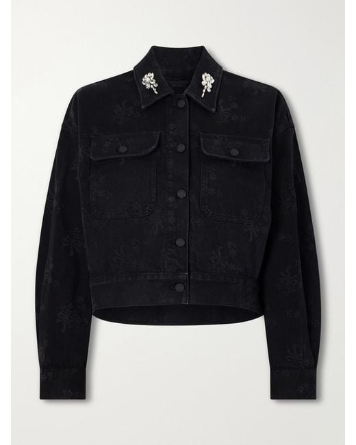 Simone Rocha Black Crystal-Embellished Floral-Print Denim Jacket