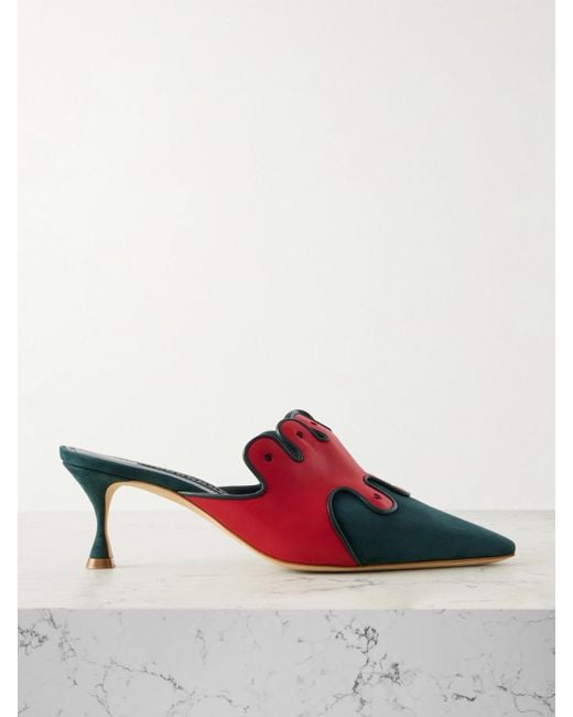 Manolo Blahnik Red Tapansa 50 Mules Aus Veloursleder Mit Lederbesatz