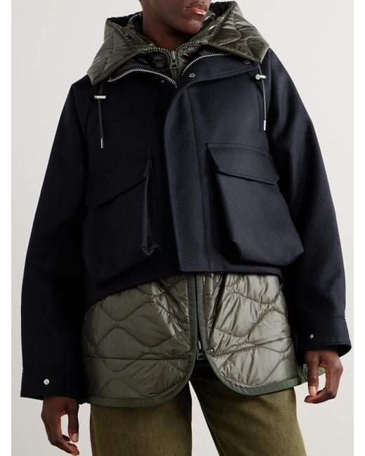 Sacai Black Jacke Aus Wolle Und Gestepptem Shell Mit Kapuze