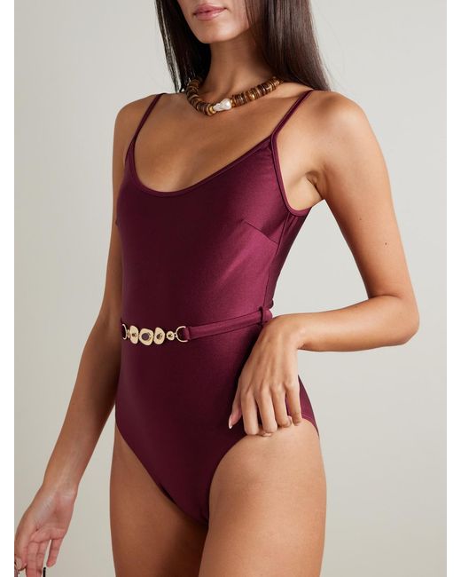 Zimmermann Red Awaken Embellished Belted Swimsuit