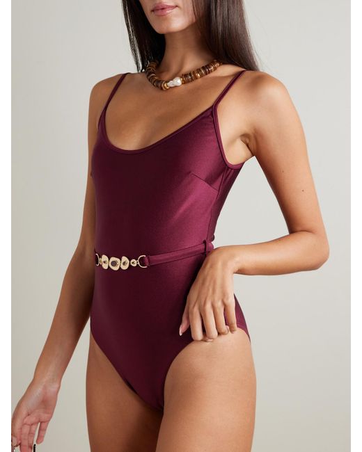 Zimmermann Red Awaken Embellished Belted Swimsuit