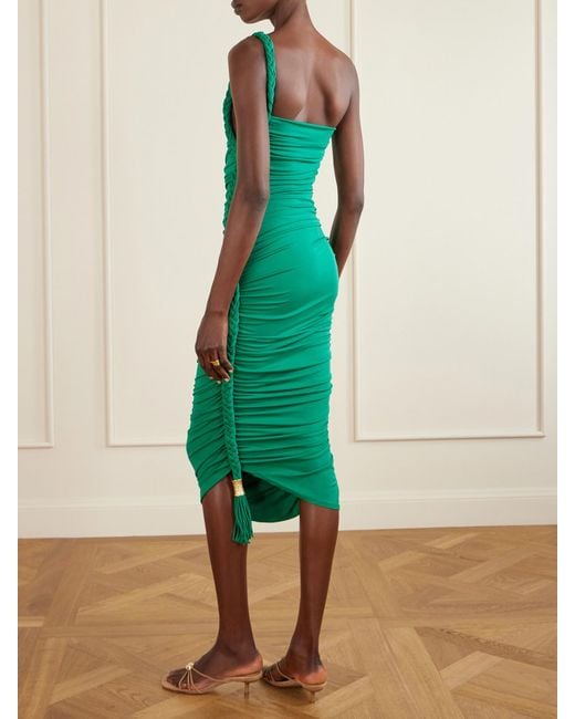 Jonathan Simkhai Green Alessia One-Shoulder Asymmetric Tasseled Ruched Stretch-Jersey Midi Dress