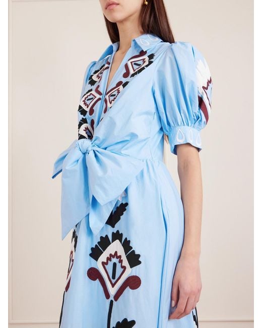 Farm Rio Blue Tie-Front Scalloped Appliquéd Cotton-Poplin Maxi Dress