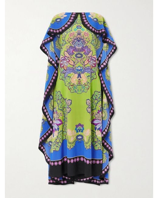 LaDoubleJ Blue Magic Cape-Effect Printed Silk Crepe De Chine Maxi Dress