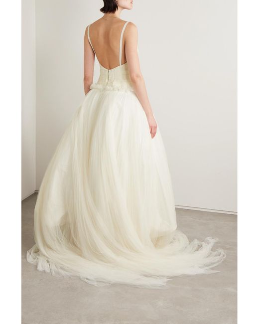 Danielle Frankel Natural Guinevere Shirred Grosgrain-Trimmed Tulle Gown