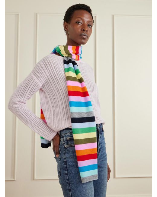 Allude Green Striped Cashmere Scarf