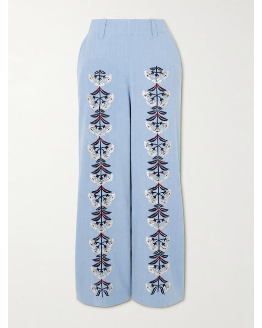 Alix Of Bohemia Blue Charlie Embroidered Slubbed Silk Flared Pants