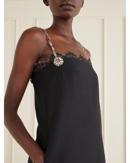 Valentino Garavani Black Crystal-Embellished Lace-Trimmed Wool And Silk-Blend Crepe Mini Dress