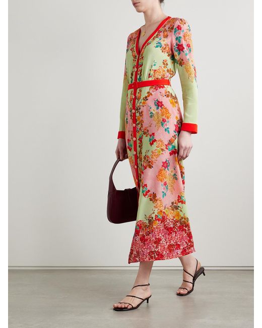 Saloni White Lea Belted Floral-Print Silk Crepe De Chine Maxi Dress