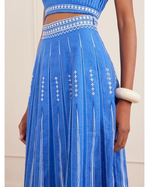 Emporio Sirenuse Blue Camille Embroidered Linen And Cotton-Blend Midi Skirt