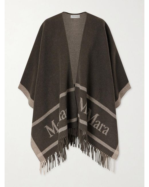 Max Mara Gray Fringed Wool-Jacquard Cape