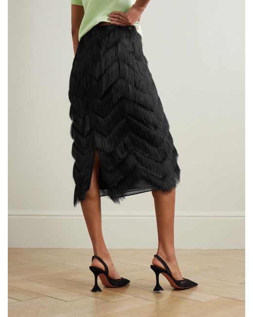 Emilia Wickstead Black Lorelei Fringed Mesh Midi Skirt