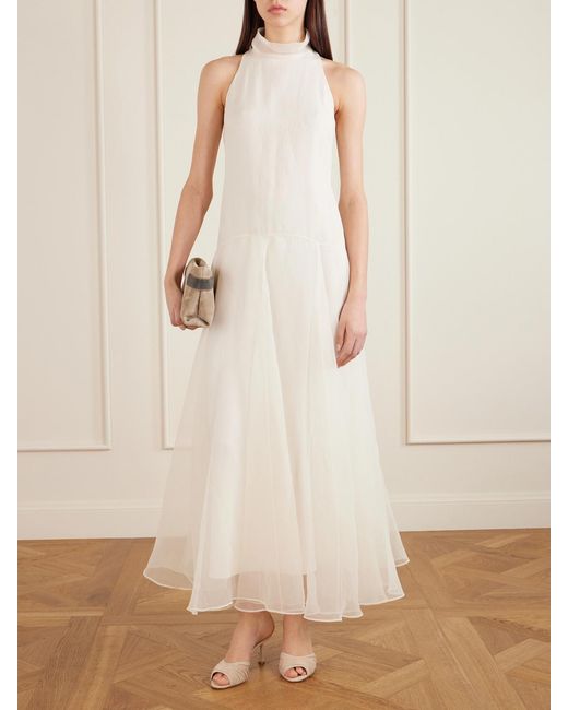Brunello Cucinelli White Halterneck Silk Maxi Dress