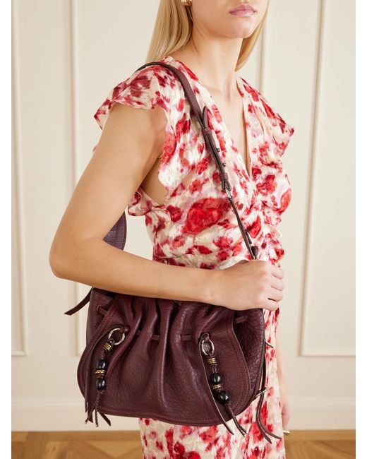 Isabel Marant Purple Bolton Embellished Tasseled Textured-Leather Shoulder Bag