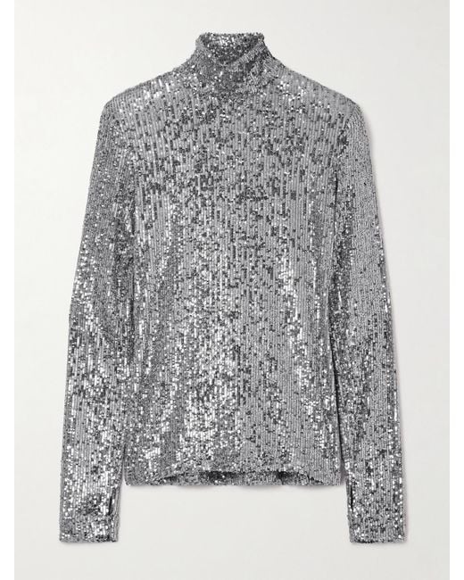 Rabanne Gray Sequined Tulle Turtleneck Top