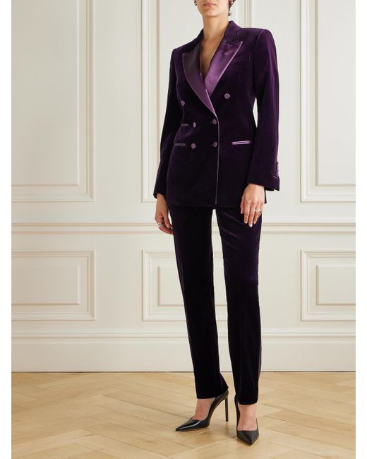 Tom Ford Blue Satin-Trimmed Cotton-Blend Velvet Straight-Leg Pants